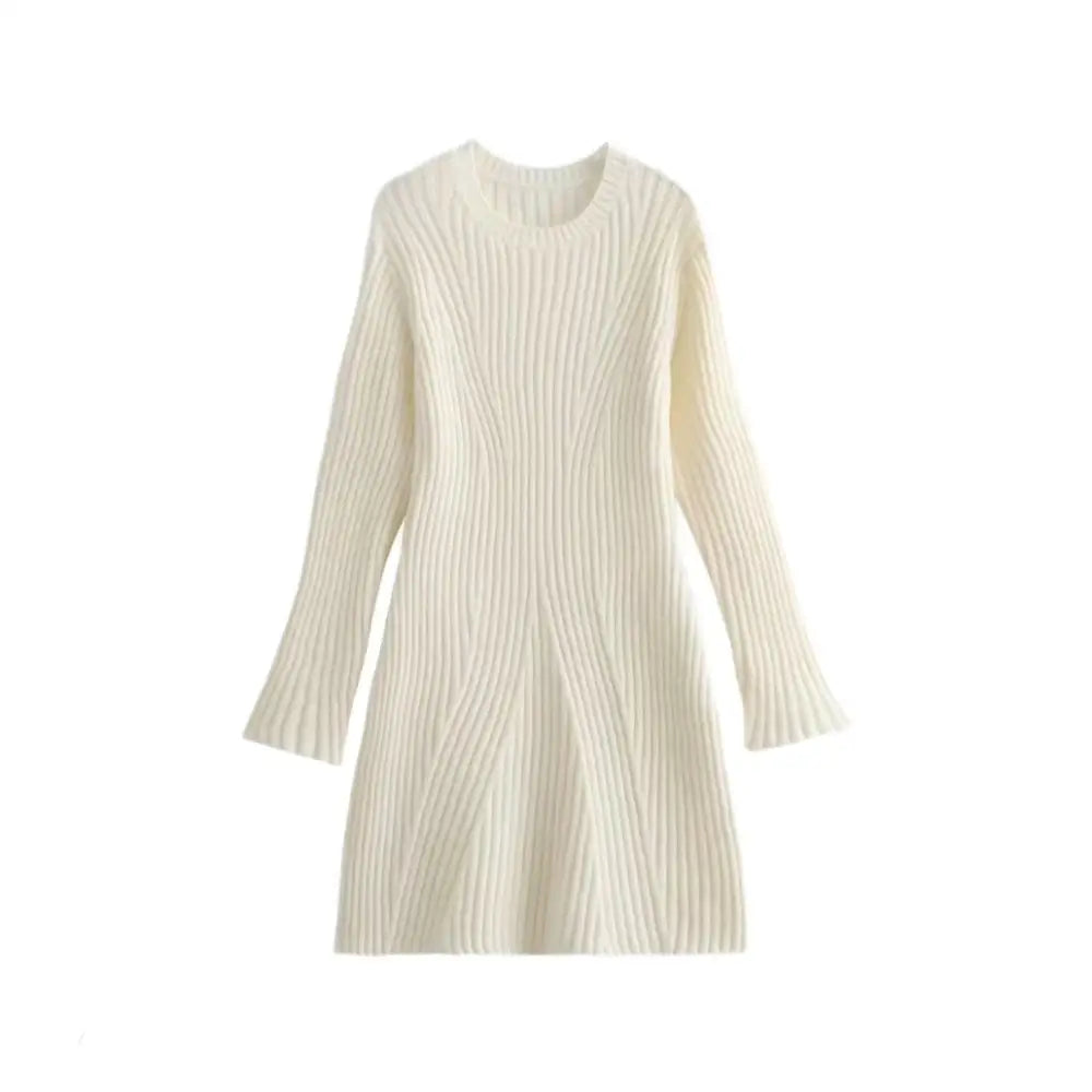 Fashion Solid Ribbed Knitted Dress Fall And Winter Slim-fit Stand-up Collar A-line Dresses Women’s Clothing - Milky