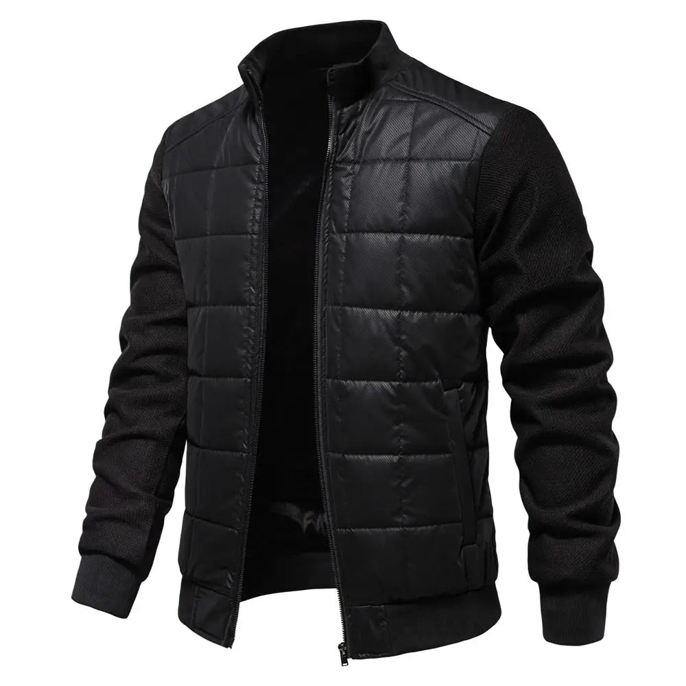 Fashion Stitching Coat Winter Personality Stand Collar Zipper Jacket Men’s Clothing - Black / L