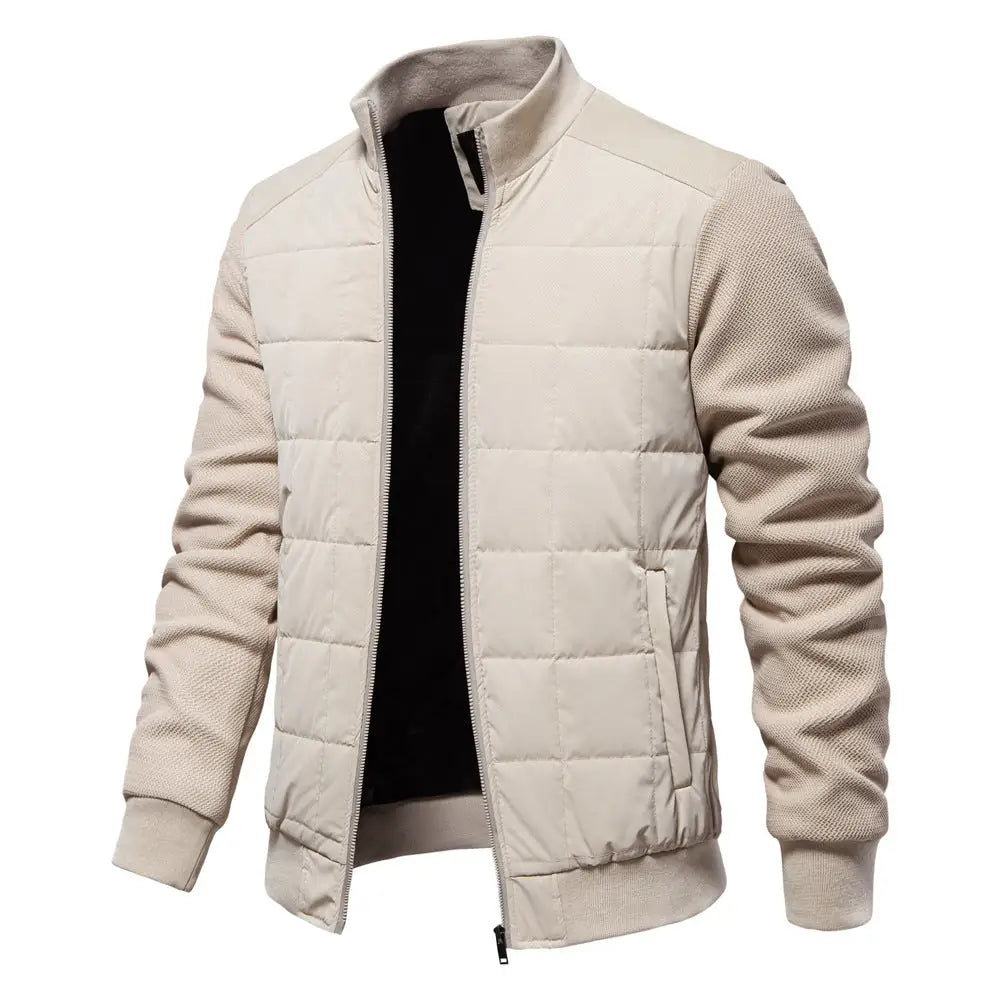 Fashion Stitching Coat Winter Personality Stand Collar Zipper Jacket Men’s Clothing - Apricot / L