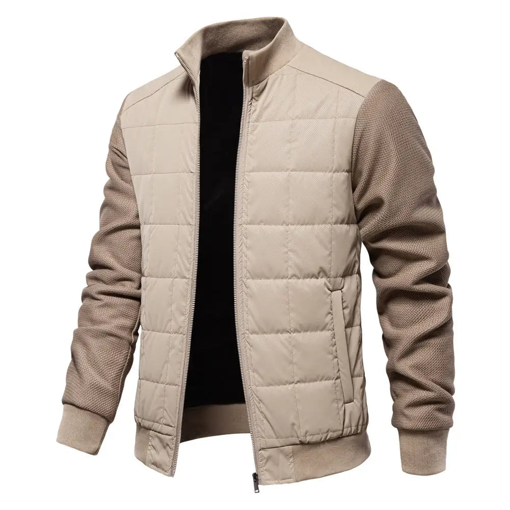 Fashion Stitching Coat Winter Personality Stand Collar Zipper Jacket Men’s Clothing - Khaki / L