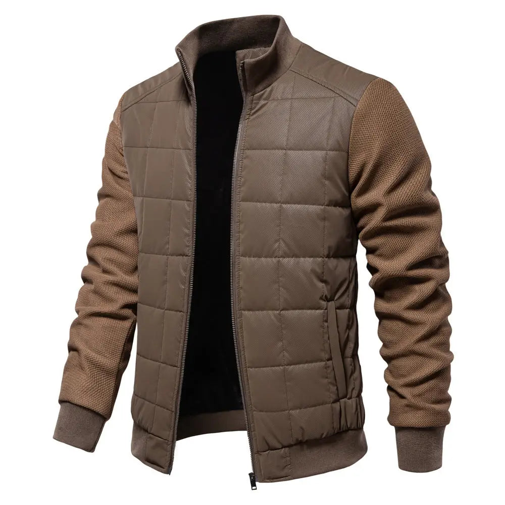 Fashion Stitching Coat Winter Personality Stand Collar Zipper Jacket Men’s Clothing - Coffee / L