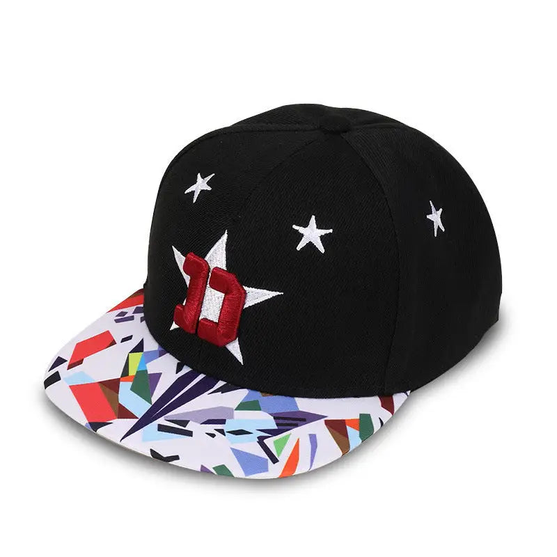 Five-pointed Star Embroidery Outdoor Sun-shade Sun Protection Flat-brimmed Cap - Black