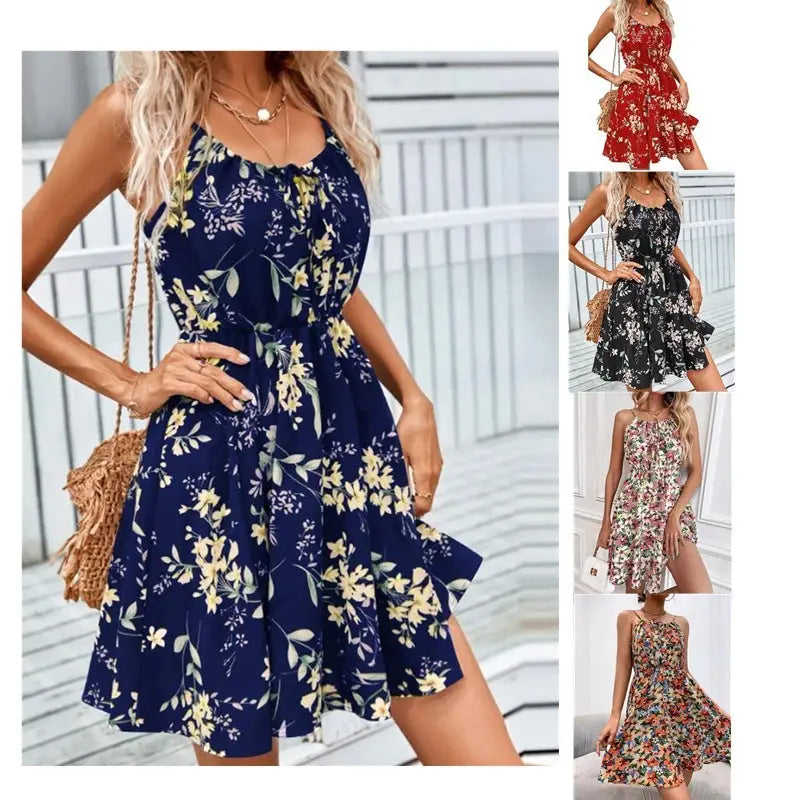 Floral Print Suspender Dress With Elastic Waist Design Fashion Summer Short Dresses Womens Clothing - 4