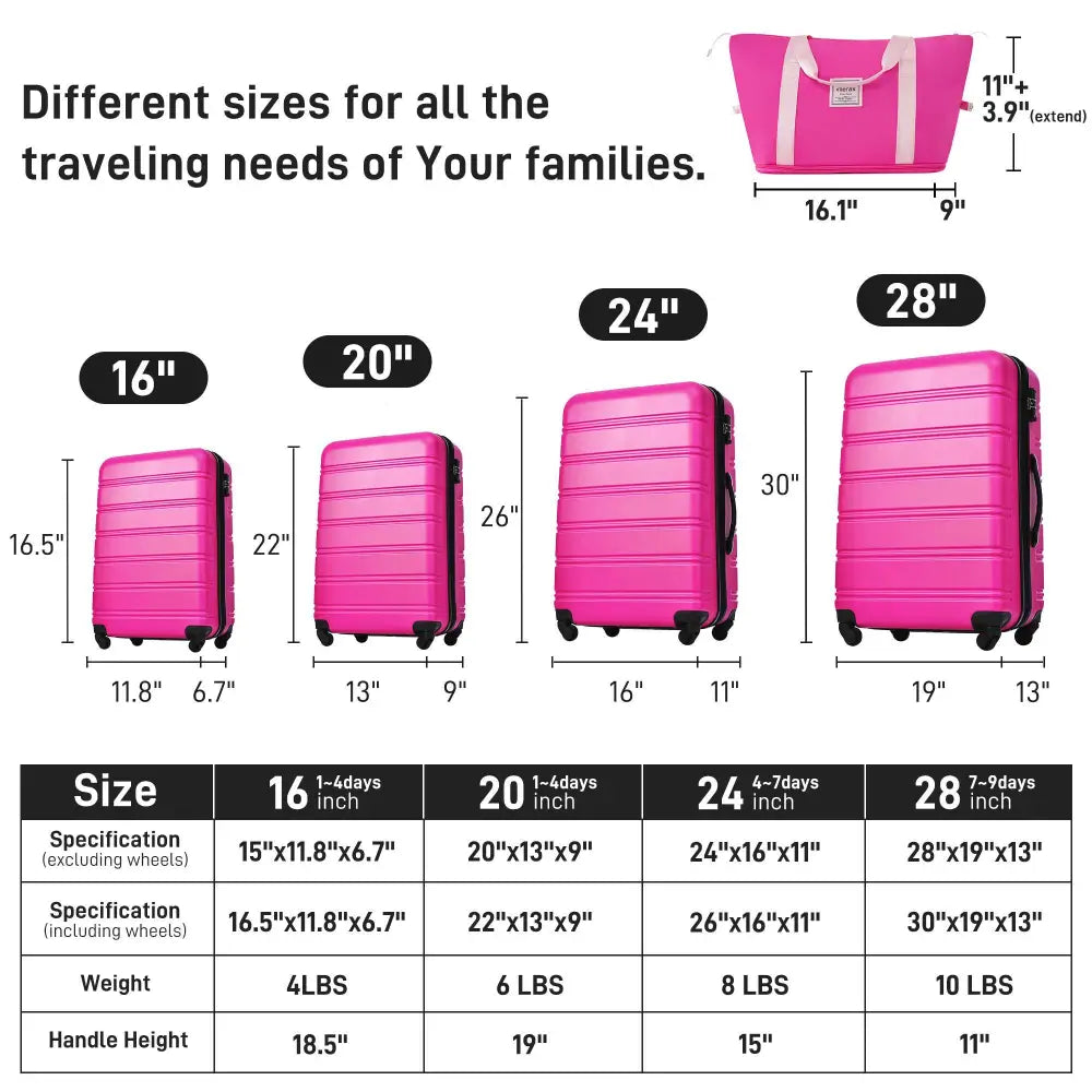 Hardshell Suitcase Set Of 4 Pieces Light 16 Inches 20 Inches 24 Inches 28 Inches Luggage Case. - Rose red - 5