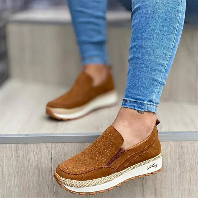 Ladies Solid Color Casual Round Toe Solid Color Soft Flat Canvas Shoes - Brown / 35