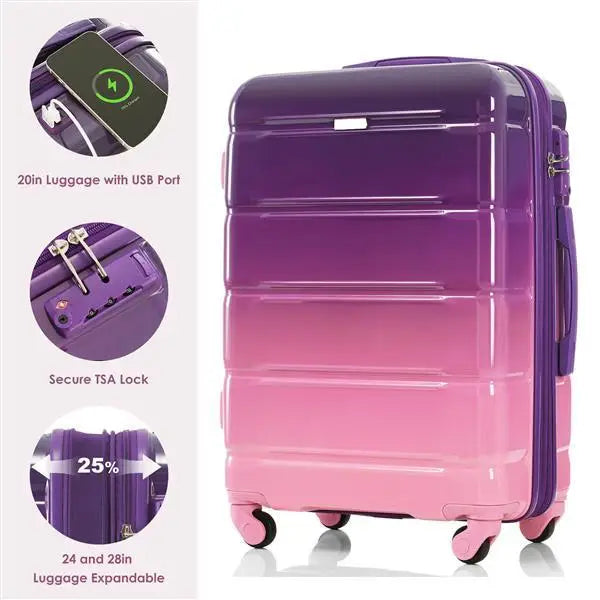 Luggage Set Of 3 20-inch With USB Port Airline Certified Carry-on Luggage With Cup Holder ABS,PC Hard Shell Luggage