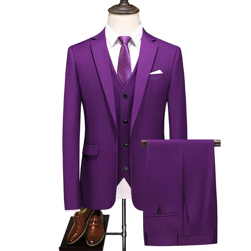 Men’s Suits Three-piece Evening Dress Banquet Wedding Korean Style Solid Color Suit Suit - Purple / M