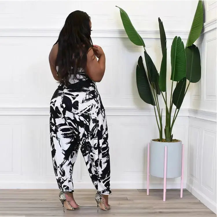 Plus Size Women’s Halter Loose Lantern Sleeveless Print Jumpsuit