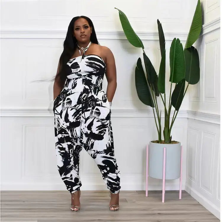 Plus Size Women’s Halter Loose Lantern Sleeveless Print Jumpsuit