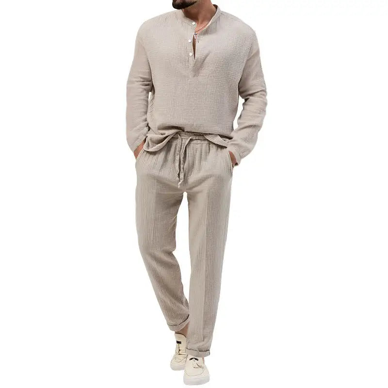 Solid Color Casual T-shirt Long Sleeve Shirt Trousers Suit - Apricot / S
