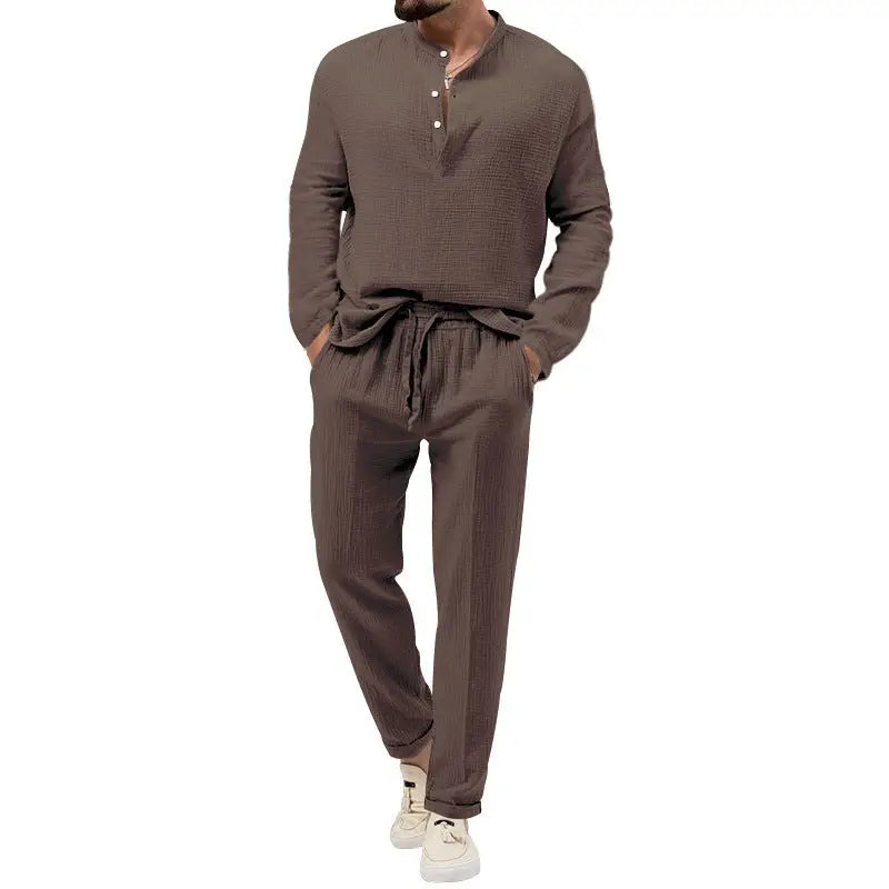 Solid Color Casual T-shirt Long Sleeve Shirt Trousers Suit - Brown / S