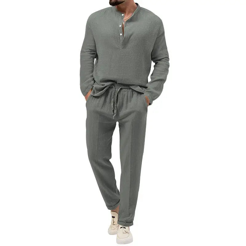 Solid Color Casual T-shirt Long Sleeve Shirt Trousers Suit - Dark Gray / S