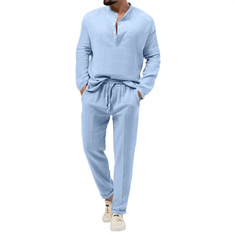 Solid Color Casual T-shirt Long Sleeve Shirt Trousers Suit - Light Blue / S