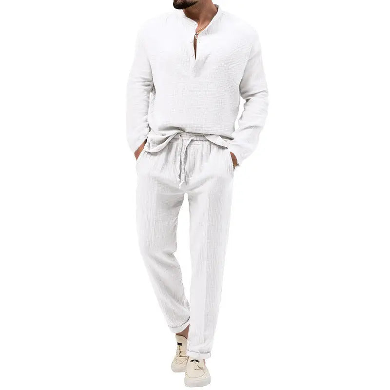 Solid Color Casual T-shirt Long Sleeve Shirt Trousers Suit - White / S