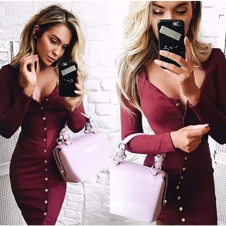 Spring Women Bodycon Slim Long Sleeve Party Cocktail Pencil Mini Dress Sexy Sheath Women Dresses - Wine red / M