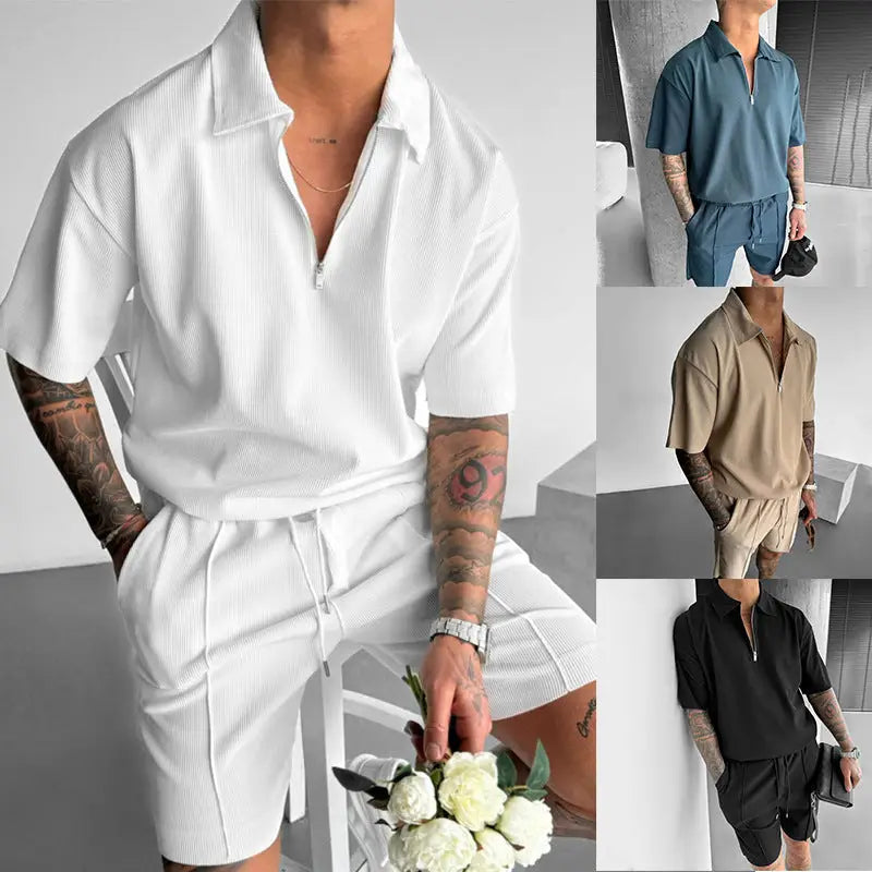 Summer Fashion Mens Clothing Men’s Suits New Zipper Polo Casual Short Sleeve Drawstring Shorts Men’s Set