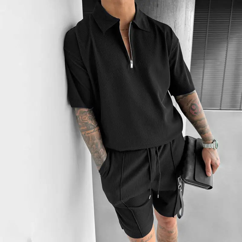 Summer Fashion Mens Clothing Men’s Suits New Zipper Polo Casual Short Sleeve Drawstring Shorts Men’s Set - Black / M