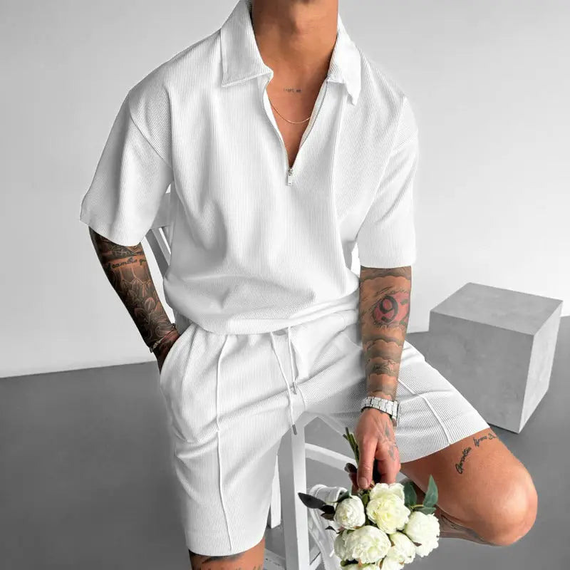 Summer Fashion Mens Clothing Men’s Suits New Zipper Polo Casual Short Sleeve Drawstring Shorts Men’s Set - White / M