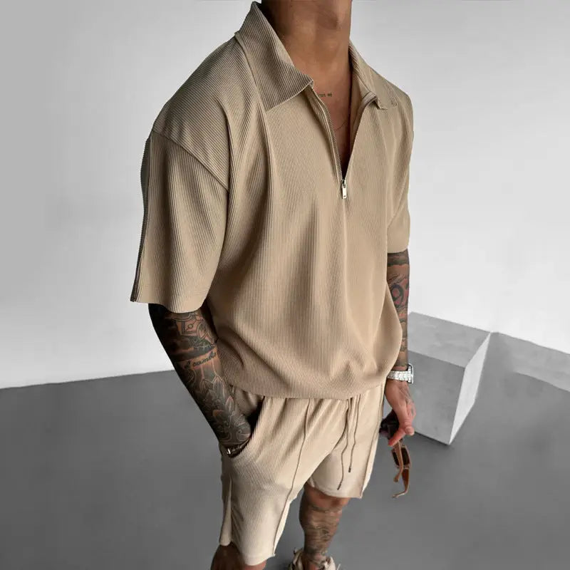 Summer Fashion Mens Clothing Men’s Suits New Zipper Polo Casual Short Sleeve Drawstring Shorts Men’s Set - Camel / M