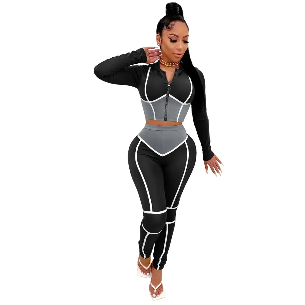 Tight-Fitting Hooded Plus Size Two-Piece Sports Suit - Black / S