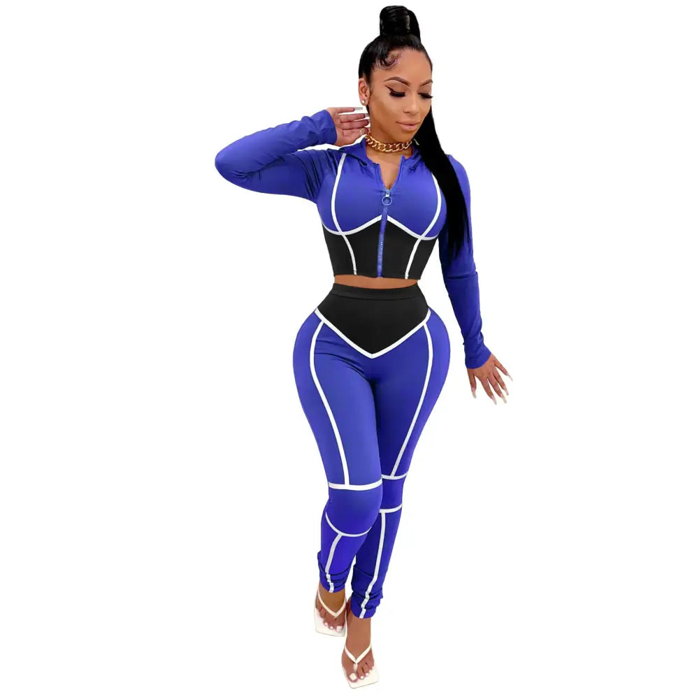 Tight-Fitting Hooded Plus Size Two-Piece Sports Suit - Blue / S