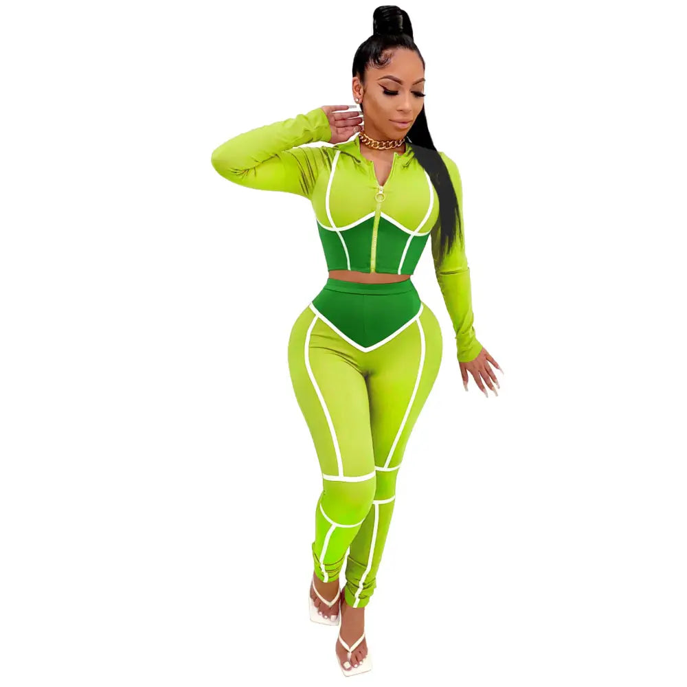 Tight-Fitting Hooded Plus Size Two-Piece Sports Suit - Green / S