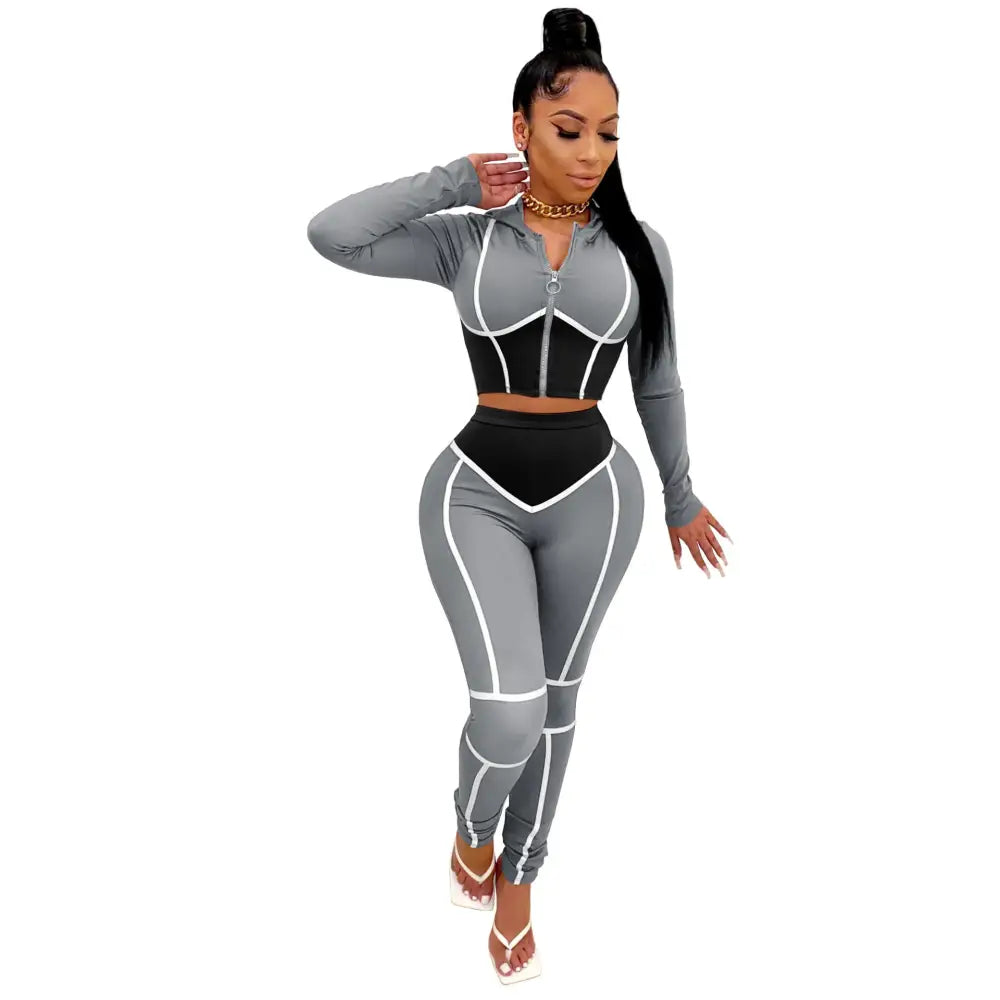 Tight-Fitting Hooded Plus Size Two-Piece Sports Suit - Grey / S