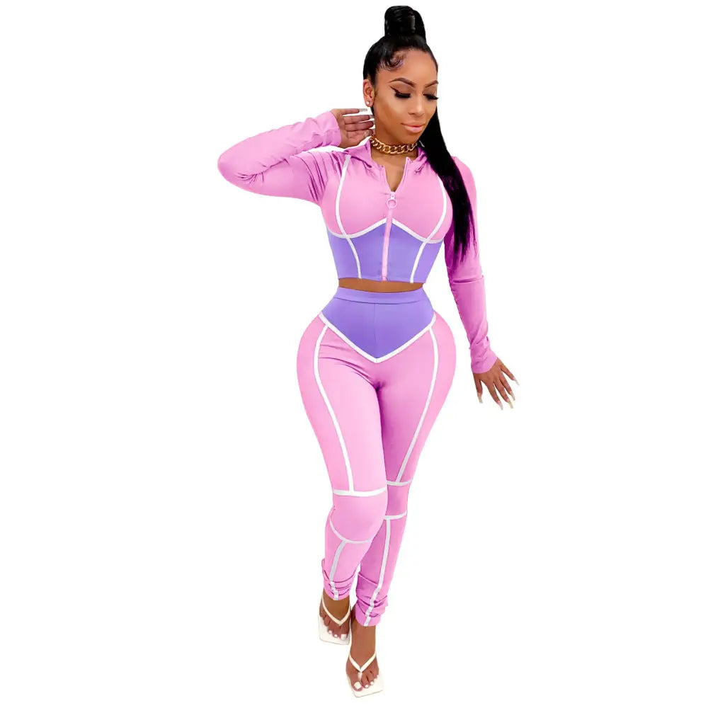 Tight-Fitting Hooded Plus Size Two-Piece Sports Suit - Pink / S