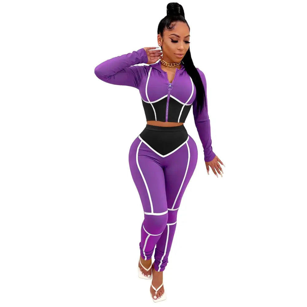 Tight-Fitting Hooded Plus Size Two-Piece Sports Suit - Purple / S