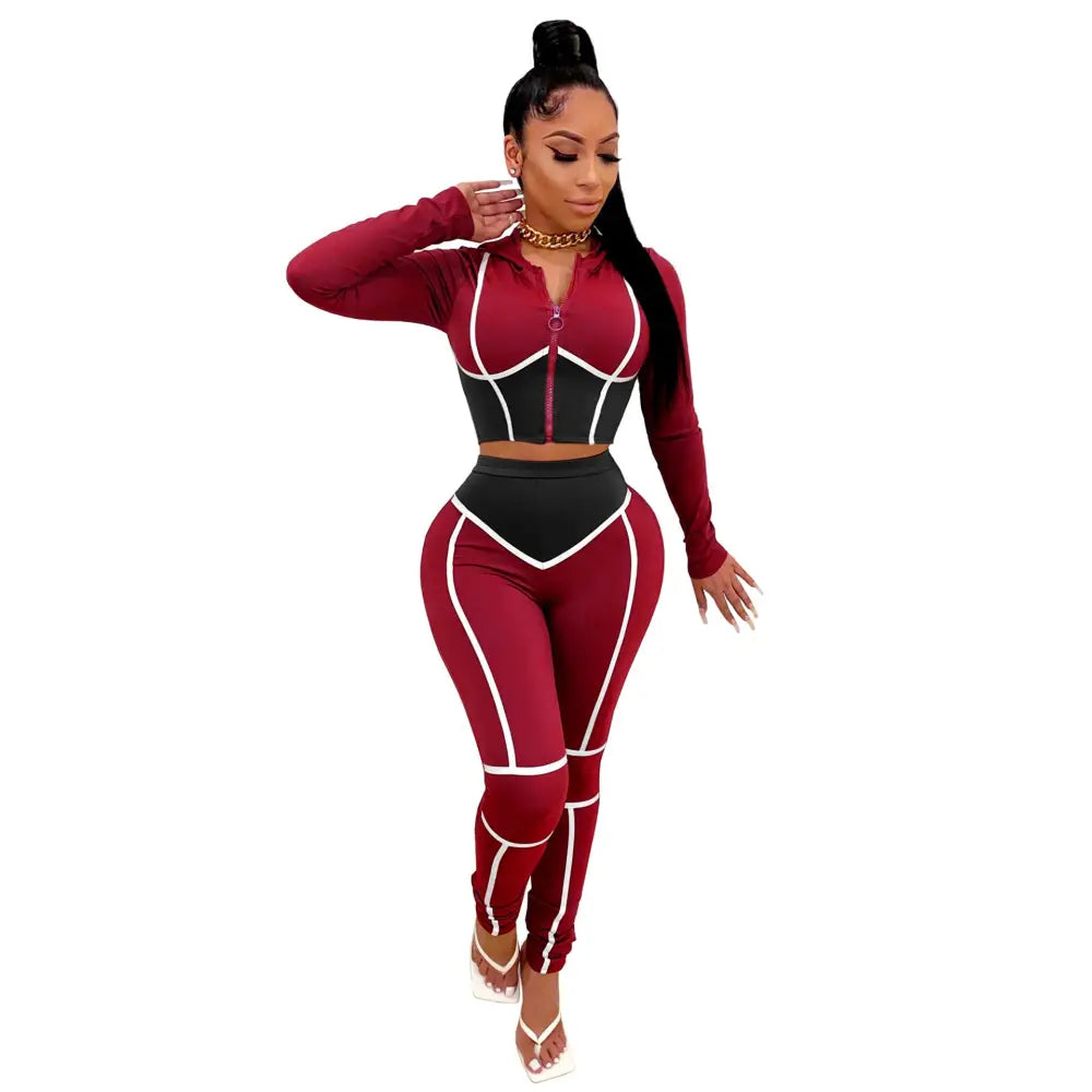Tight-Fitting Hooded Plus Size Two-Piece Sports Suit - Red / S