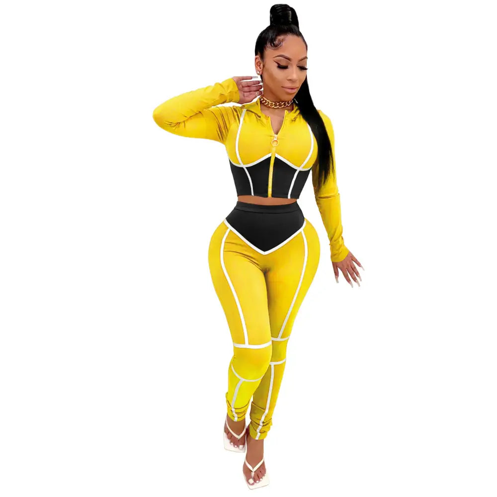 Tight-Fitting Hooded Plus Size Two-Piece Sports Suit - Yellow / S