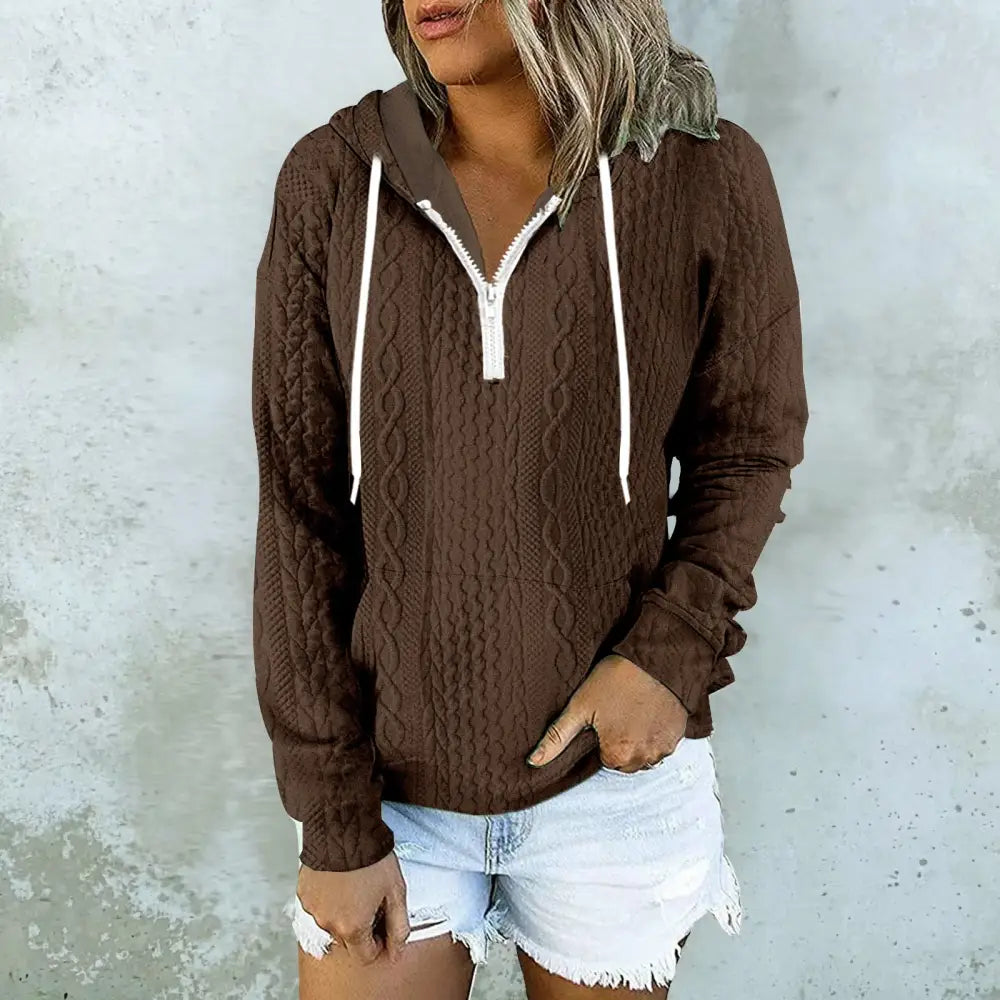 Twist Texture Design Hoodie Drawstring Sweatshirt Fashion Women Daily Clothing - Coffee / S - 4