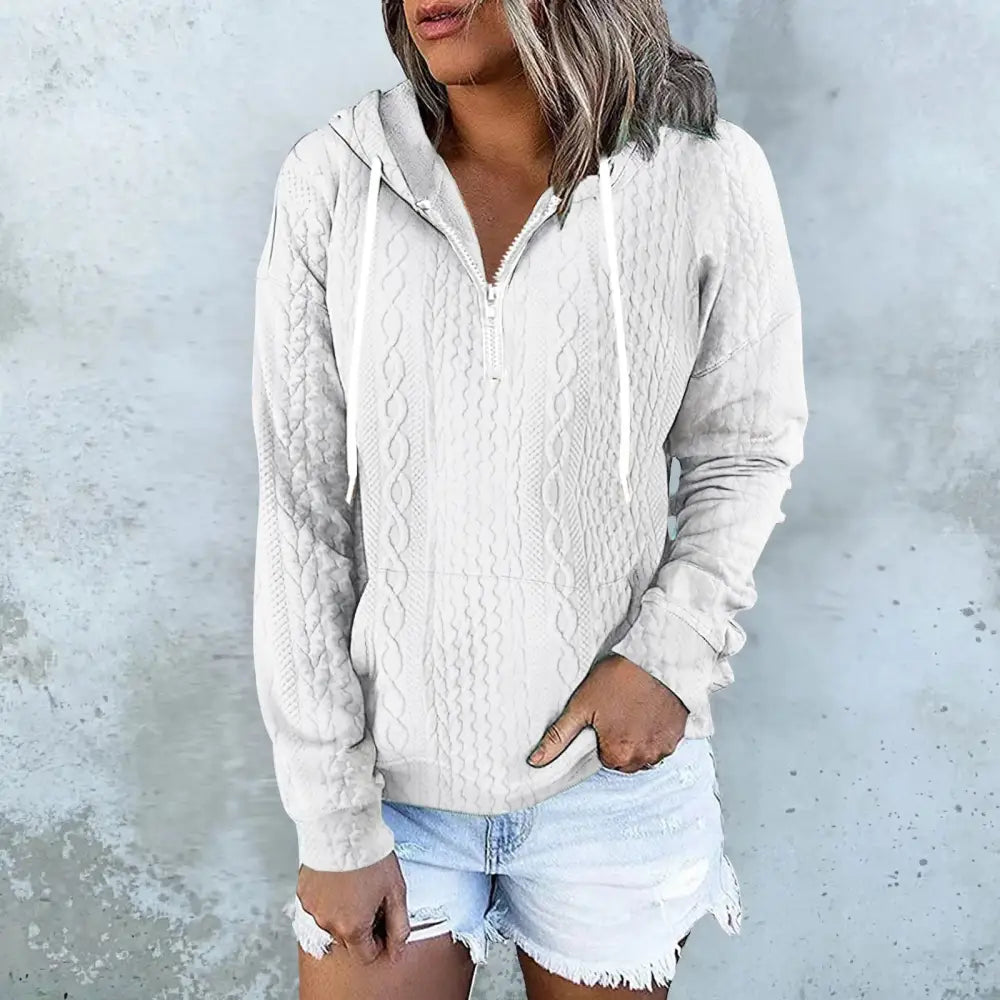 Twist Texture Design Hoodie Drawstring Sweatshirt Fashion Women Daily Clothing - White / S - 4