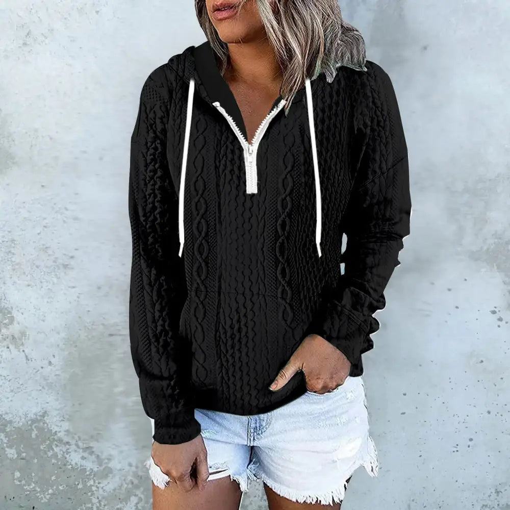 Twist Texture Design Hoodie Drawstring Sweatshirt Fashion Women Daily Clothing - Black / S - 4