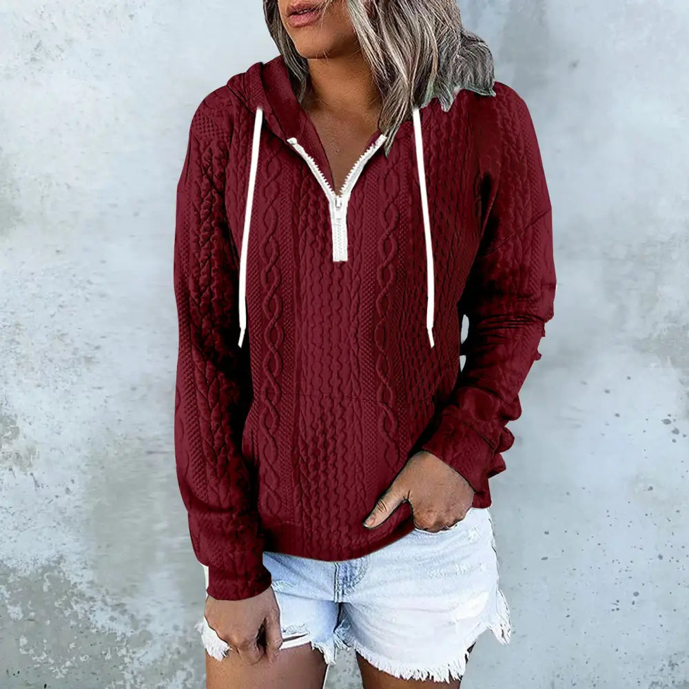 Twist Texture Design Hoodie Drawstring Sweatshirt Fashion Women Daily Clothing - Dark Red / S - 4