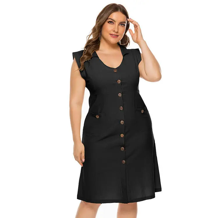 V-Neck Sleeveless Pocket Plus Size Women’s Dress - Black / XL