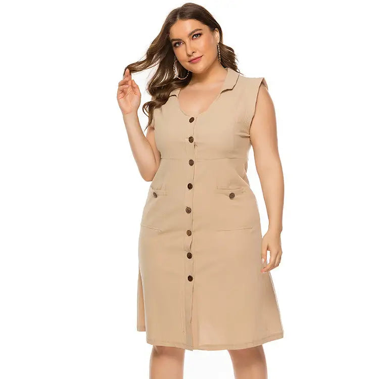 V-Neck Sleeveless Pocket Plus Size Women’s Dress - Khaki / XL
