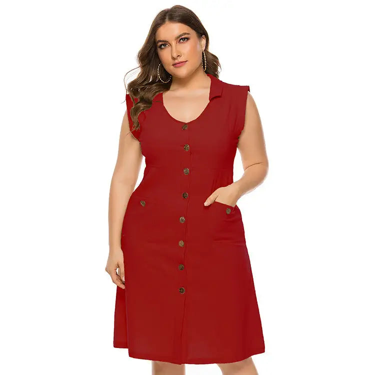 V-Neck Sleeveless Pocket Plus Size Women’s Dress - Red / XL