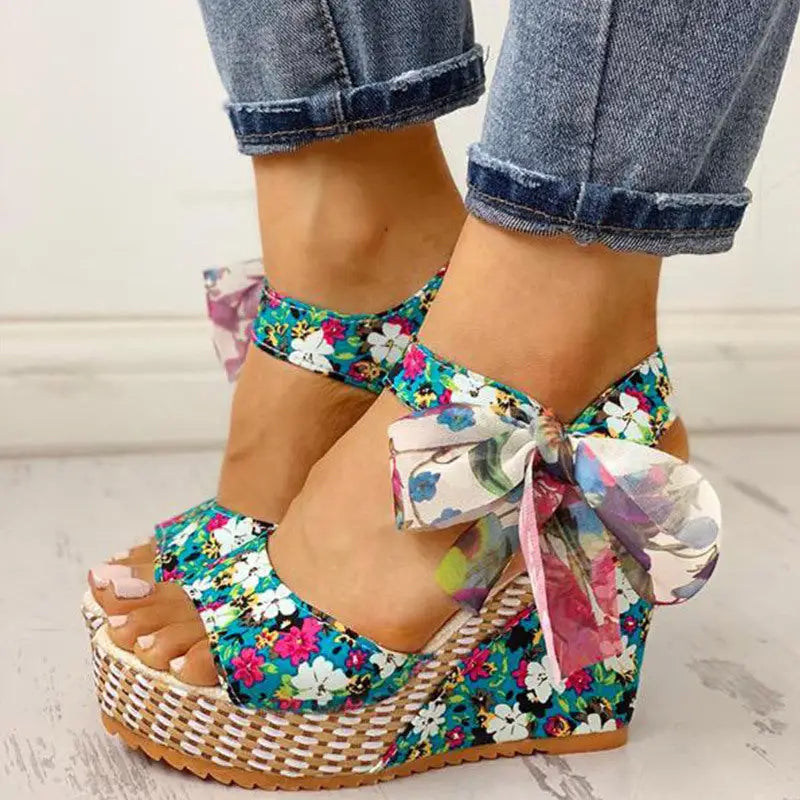 Wedge Sandals Female Floral Bowknot Platform - Blue / 5
