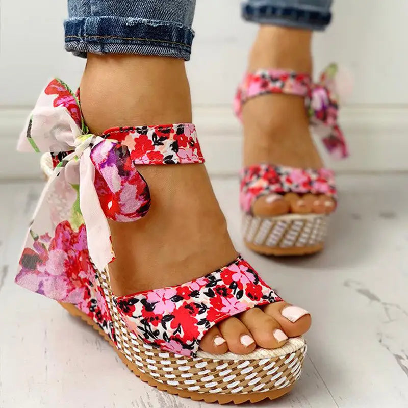 Wedge Sandals Female Floral Bowknot Platform - Red / 6.5