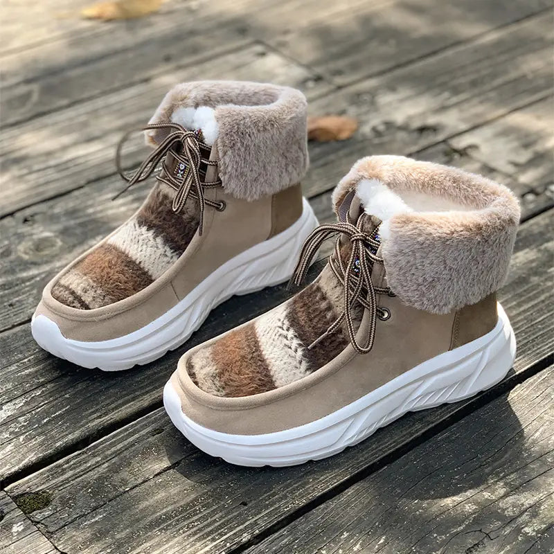Lace-up Snow Boots Women’s Fuzzy Mied-color Soft Sole Platform Thermal Lined Shoes Winter Non-slip Plush Boots