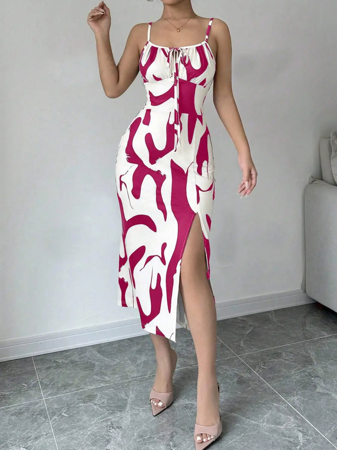 Summer Printed Suspender Split Dress Fashion Slim Lace-up Long Dresses For Women Clothing