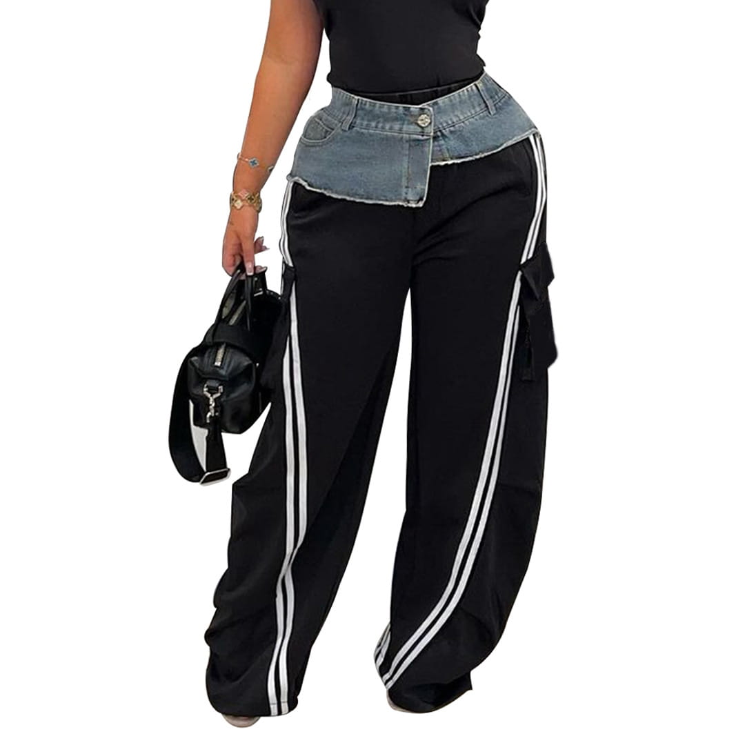 Women’s Fashion Denim Stitching Elastic Waist Trousers