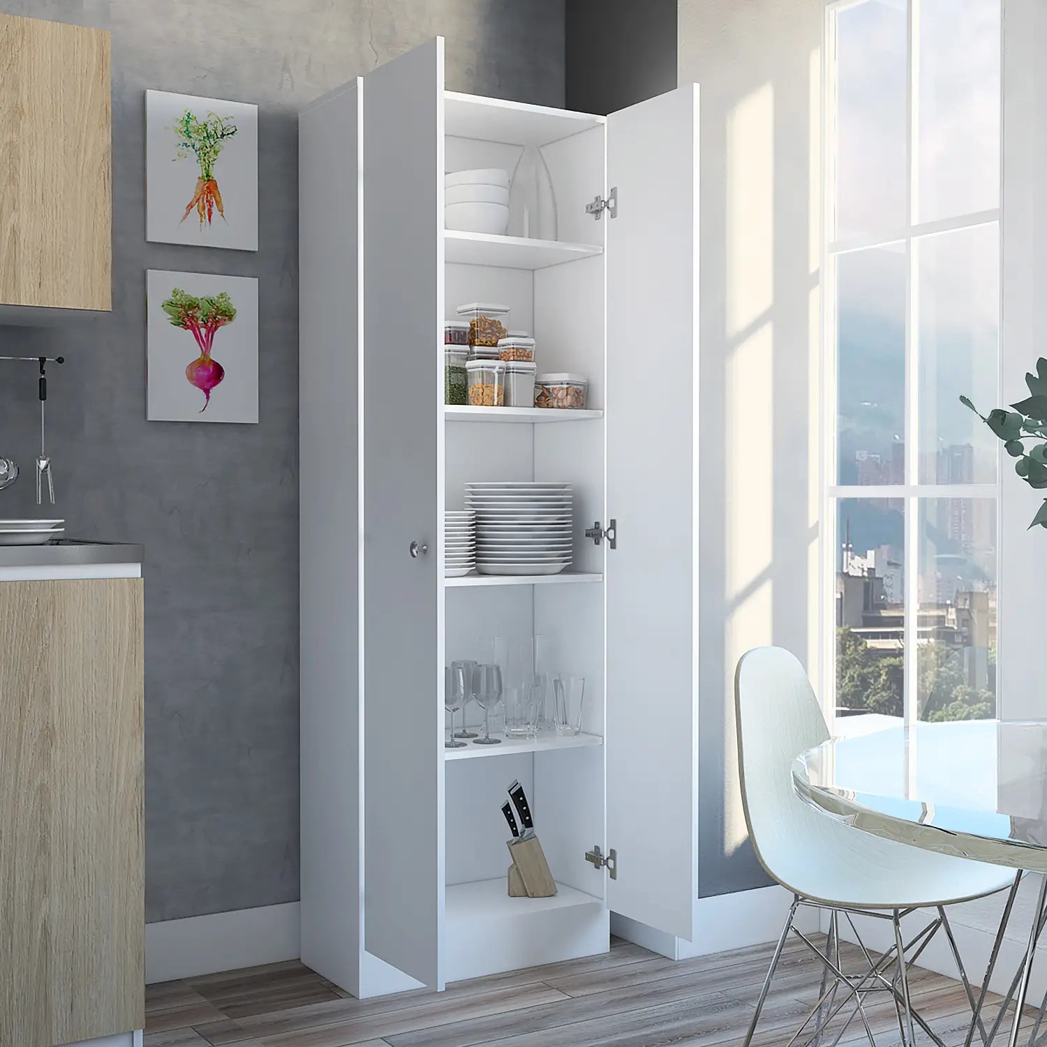 Multistorage Pantry Cabinet Five Shelves Double Door Cabinet -White