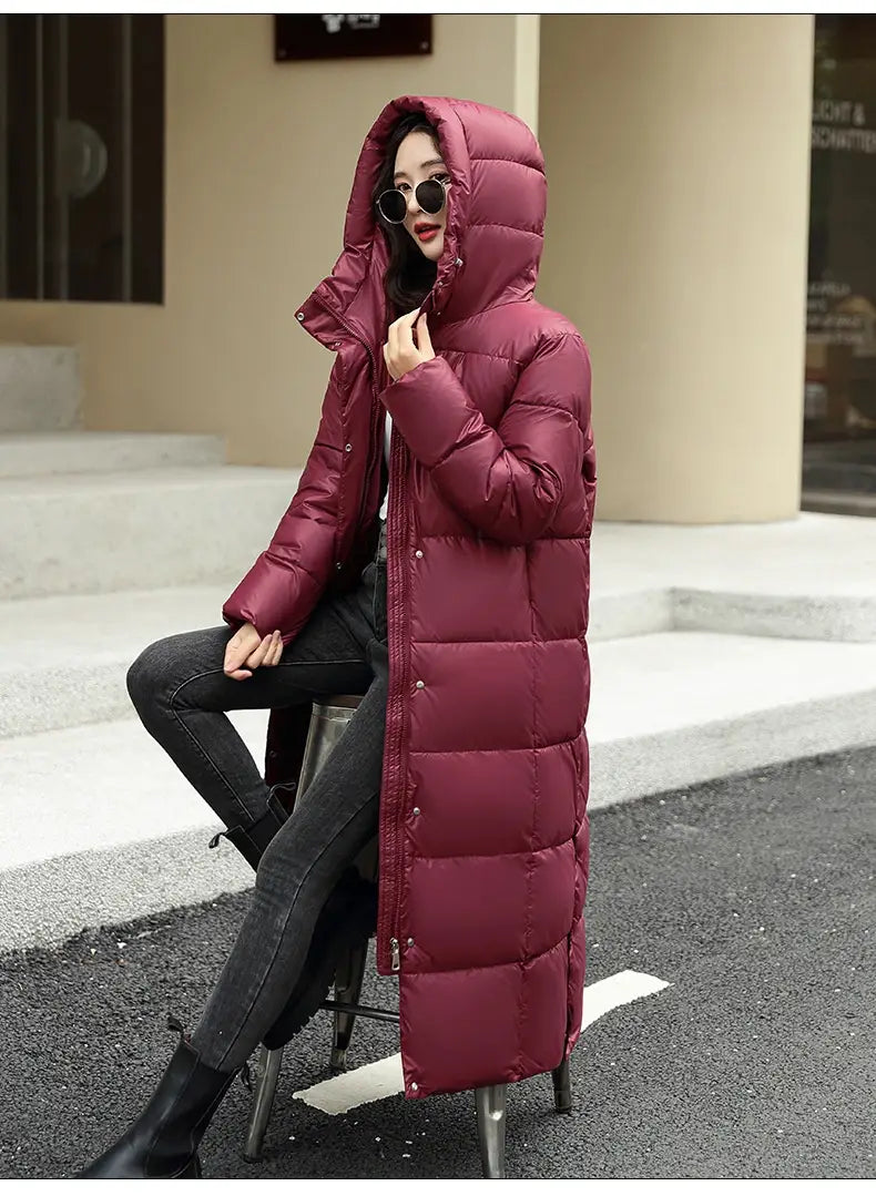 Women’s Super Long Down Jacket Winter Puffer Thick Coat Black Red Hooded Zipper Keep Warm Fall Winter Casual Clothes