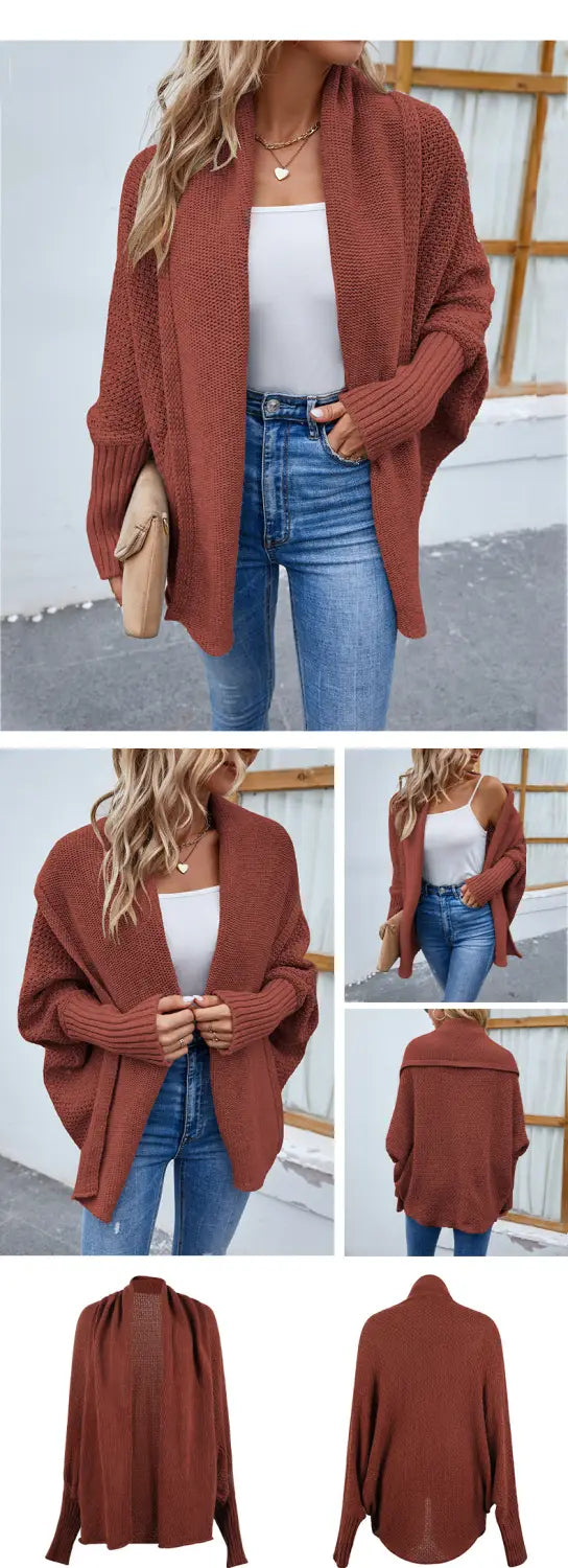 New Loose Knitted Sweater Solid Color Bat Sleeve Large Lapel Cardigan Autumn And Winter Fashion Jacket For Women