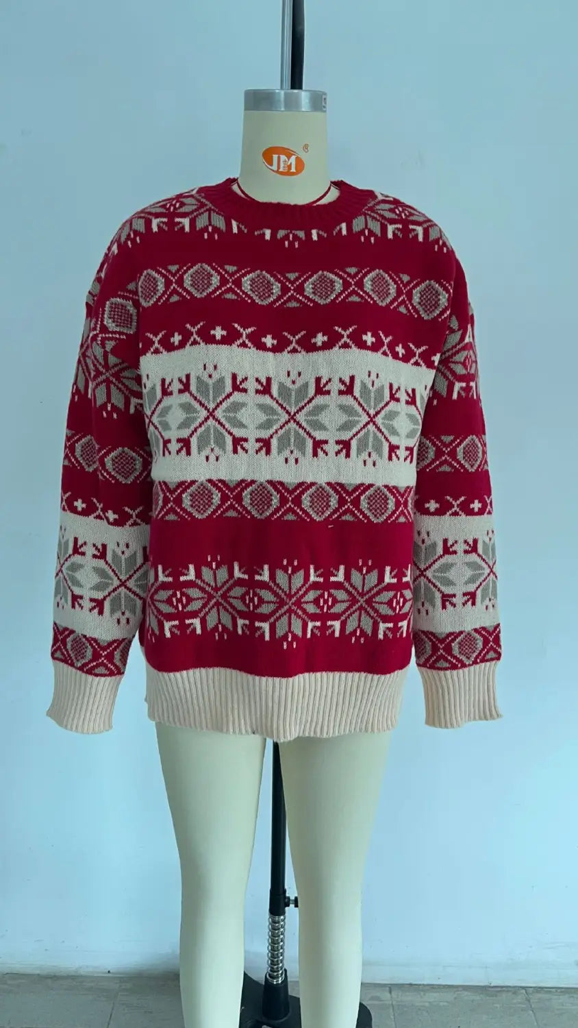 Jacquard Loose Round Neck Long Sleeve Ladies Sweater