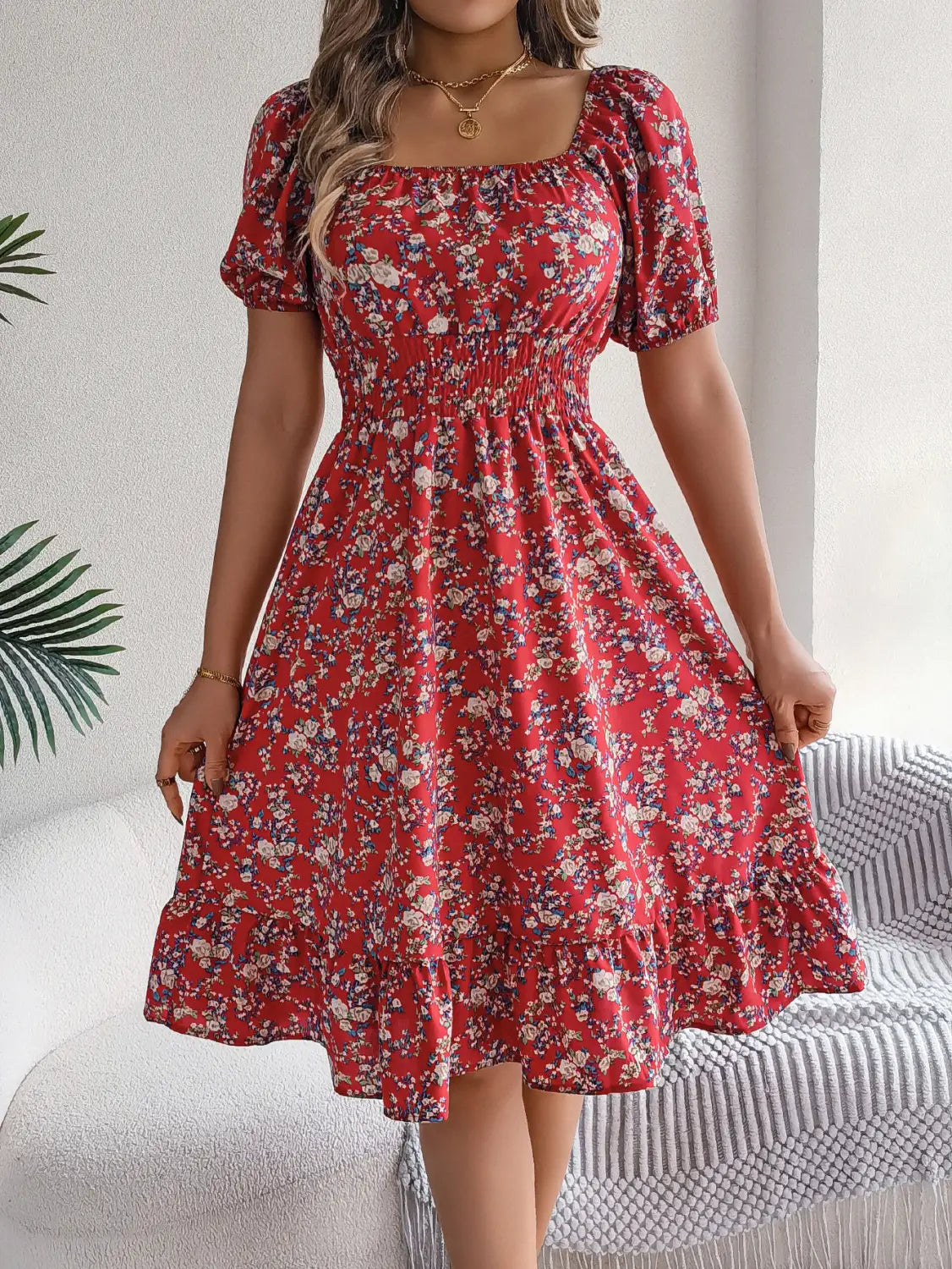 Floral Print Square Collar Dress Summer Fashion Ruffles Dresses Women’s Clothing