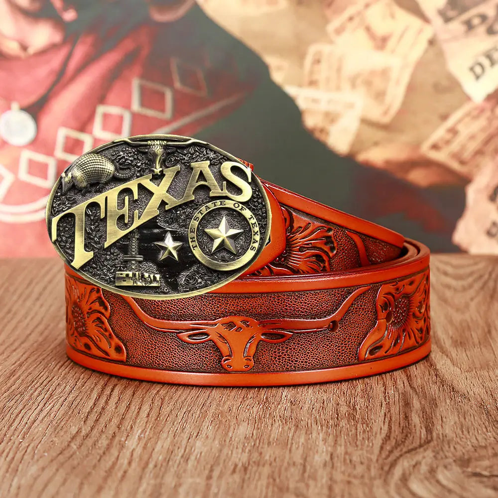 Brown leather Texas belt from Men’s and Women’s Fashion Texas Cow Head Belts collection