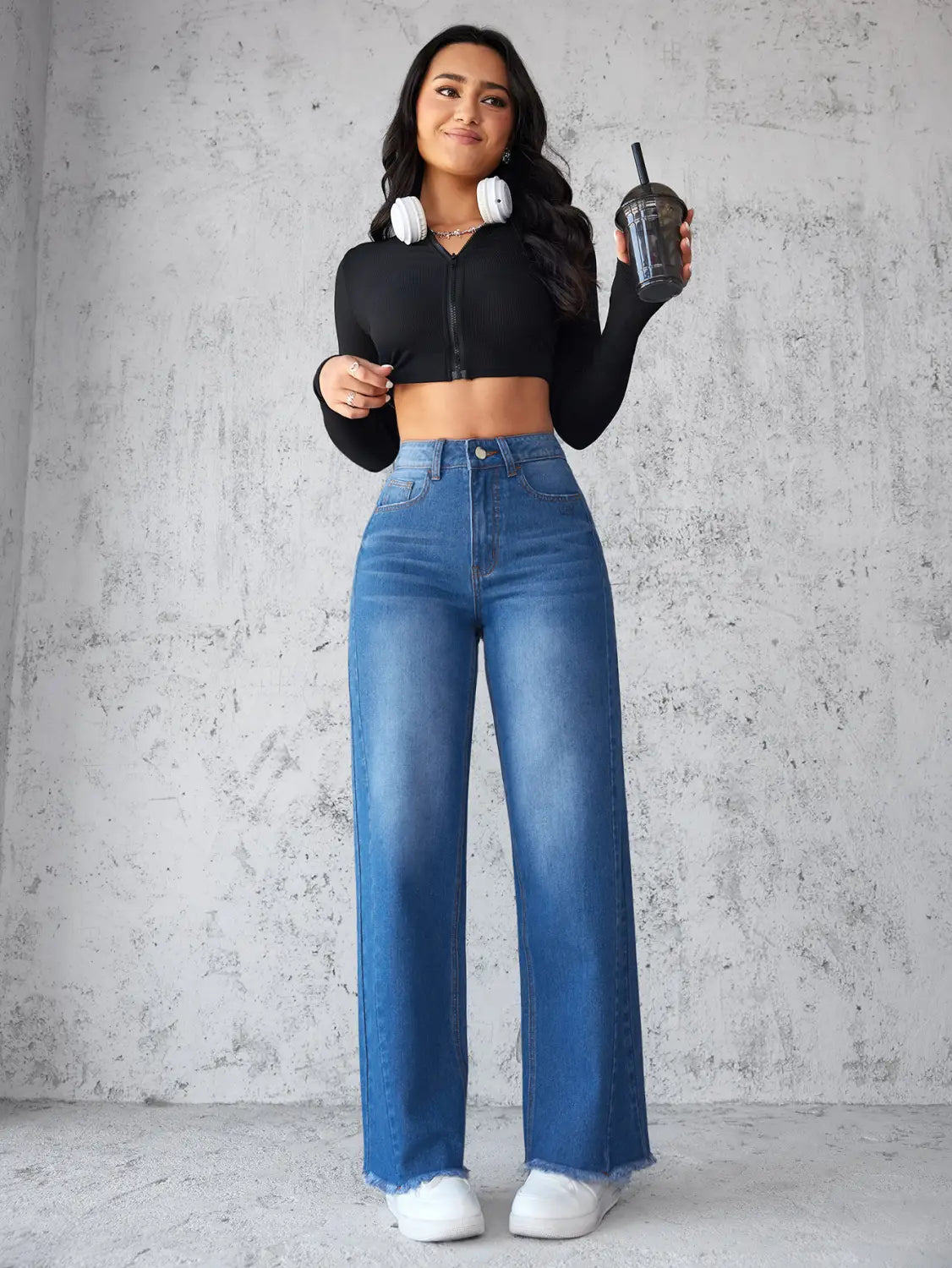 Fashion Straight Wide Leg Jeans Casual High Waist Non Elastic Women’s
